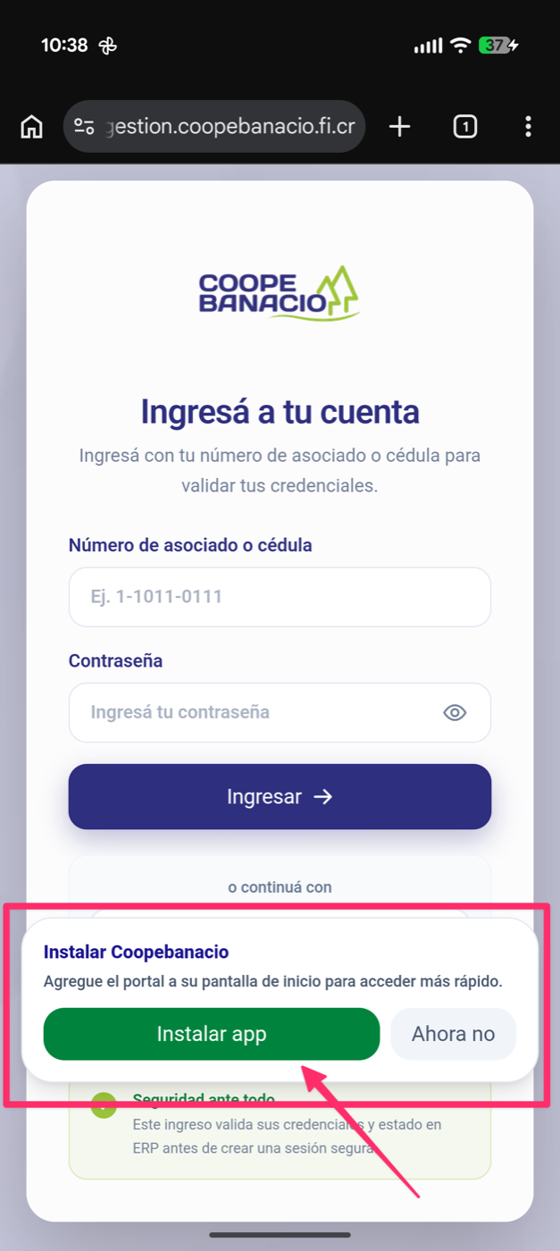 Chrome en Android con el botón Instalar app