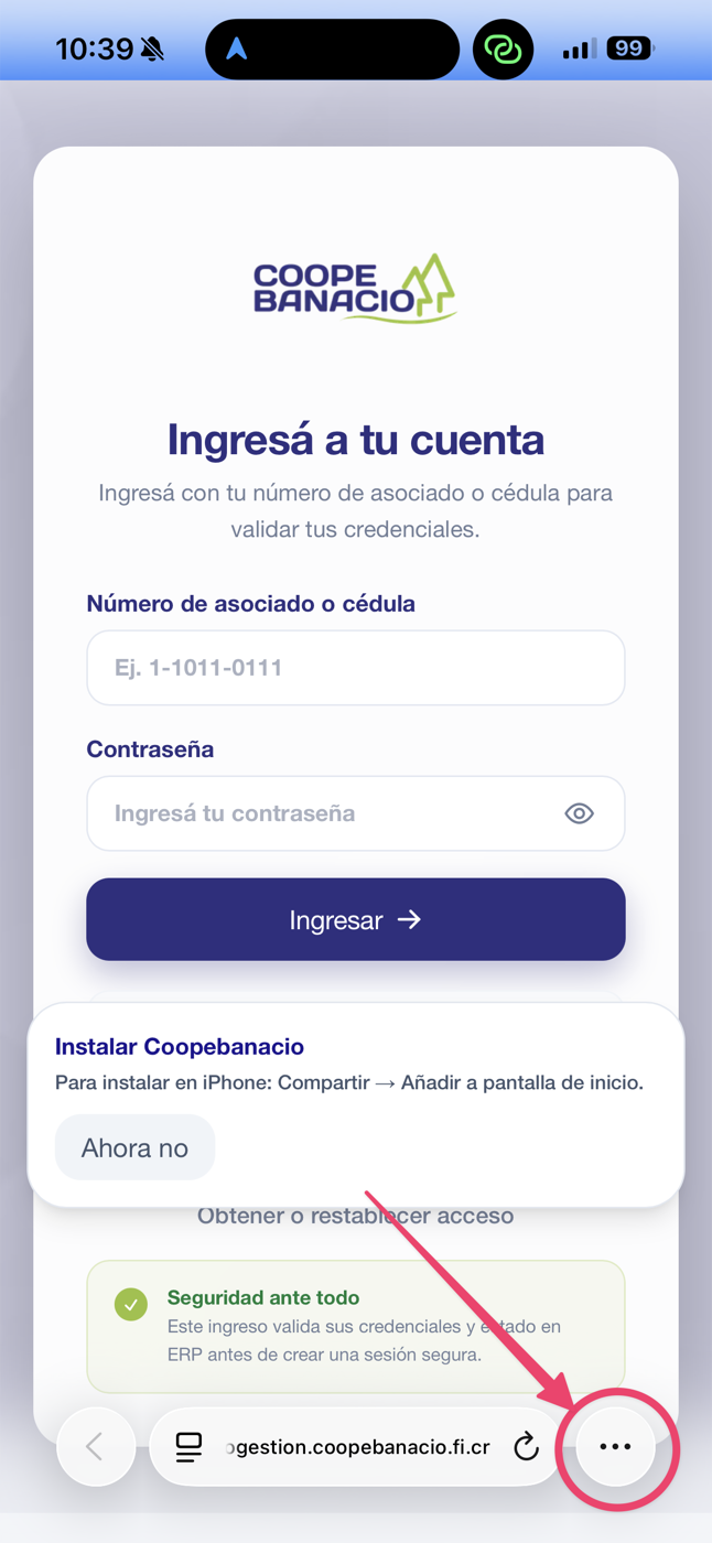 Safari en iPhone con la URL de autogestión y el menú de tres puntos