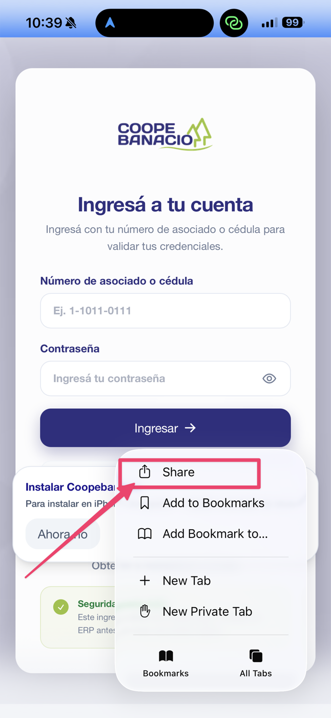 Menú de Safari con la opción Compartir resaltada
